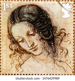 Bangkok-Thailand, 12 August 2019: A stamp of Leonardo da Vinci commemorative stamp 500 years of genius. Leonardo da Vinci is Italian. Stamps printed in England. Closeup Collection.