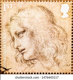 Bangkok-Thailand, 12 August 2019: A stamp of Leonardo da Vinci commemorative stamp 500 years of genius. Leonardo da Vinci is Italian. Stamps printed in England. Closeup Collection.