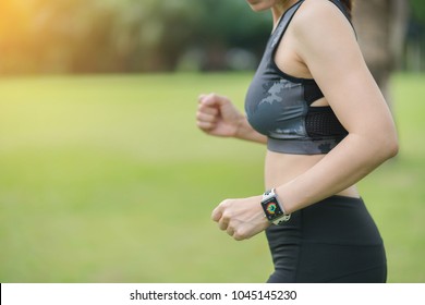 Bangkok,Thailand ,12 Mar 2018 : Young Asia Woman Using Apple Watch Running