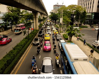 Bangkok,Thailand. 15 Nov 2019. Busy Rush Hour Road Traffic In The Crowded City. Car And Motorcycle Are Stuck On The Road. Major Problem Is Big City Which Create Unhealthy And Air Polution Environment.