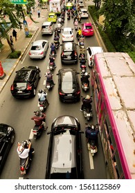 Bangkok,Thailand. 15 Nov 2019. Busy Rush Hour Road Traffic In The Crowded City. Car And Motorcycle Are Stuck On The Road. Major Problem Is Big City Which Create Unhealthy And Air Polution Environment.