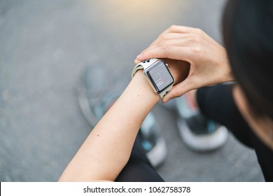 Bangkok,Thailand ,5 Apr 2018 : Woman Check Heart Rate App On Apple Watch  After Working Out