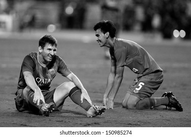 BANGKOK,THAILAND - AUGUST 7: Lionel Messi #10 Of FC Barcelona  Reacts During The International Friendly Match Thailand XI And FC Barcelona At Rajamangala Stadium On August7,2013 In,Thailand.  