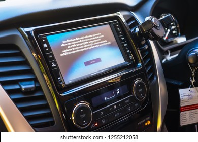 BANGKOK,THAILAND DECEMBER 10 2018:Thai Language Warning Screen On Display Screen In Luxury Car,GPS Navigation System DVD/AM/FM Ready Bluetooth Car Stereo Receiver Touchscreen At Showroom In BANGKOK