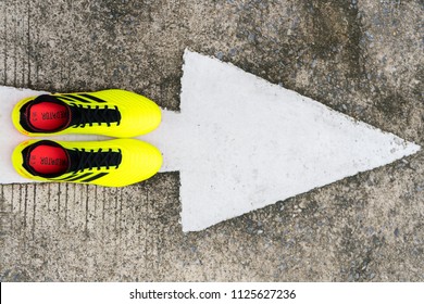 BANGKOK,THAILAND - JULY 1, 2018 : New Adidas Predator 18.3 FG DB2003 Football/Soccer On Cement Floor.