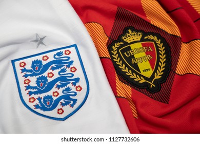 BANGKOK,THAILAND- JULY 6: England With Belgium National Football Team Logo On The Jersey On July 6,2018