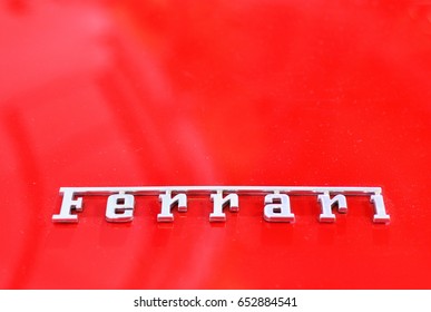 Bangkok,Thailand - JUNE1,2017 : logo of ferrari on the sport car.Italian week 2017 at Central World Shopping Mall. Ferrari S.P.A. is an Italian luxury sports car manufacturer. Founded by Enzo Ferrari