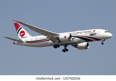 BANGKOK/THAILAND - March 02 2019 -  Biman Bangladesh Airlines Boeing 787-8 Dreamliner Landing At Suvarnabhumi Airport BKK VTBS