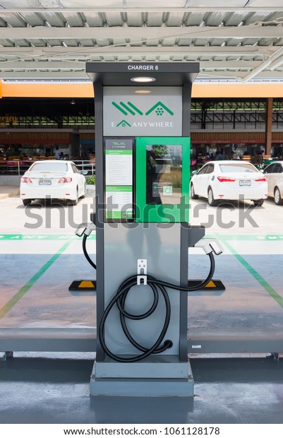 Bangkok,Thailand - March,\
24, 2018 : New charging station for electric car in the food court\
at\
Bangkok,Thailand