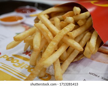 BANGKOK,THAILAND-11 JANUARY 2020:McDonald's French Fries In The Tray At McDonald's Restaurant.