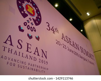 BANGKOK,THAILAND-20 JUNE 2019:Board Of ASEAN Summit Association Of Southeast Nations In Thailand At Press Center.