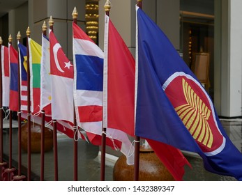 BANGKOK,THAILAND-22 JUNE 2019:National Flag Of ASEAN Summit Association Of Southeast Nations In Thailand At Press Center.