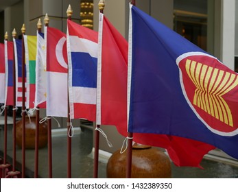 BANGKOK,THAILAND-22 JUNE 2019:National Flag Of ASEAN Summit Association Of Southeast Nations In Thailand At Press Center.