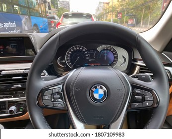 BANGKOK,THAILAND-AUGUST 18,2020:Interior dashboard design and steering wheel decoration of 'BMW 5 series G30' - Shutterstock ID 1807109983