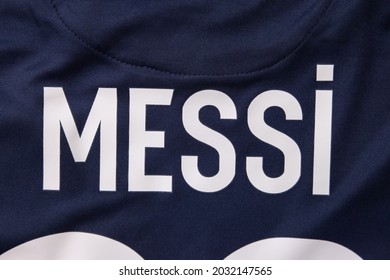 BANGKOK,THAILAND-AUGUST 27: The Name Of Lionel Messi On PSG Paris Saint Germain Jersey On August 27,2021