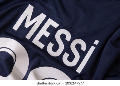 BANGKOK,THAILAND-AUGUST 27: The Name Of Lionel Messi On PSG Paris Saint Germain Jersey On August 27,2021