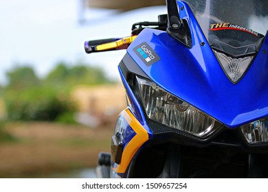 Bangkok,Thailand-August 28,2019:Front Of The Yamaha Big Bike R3 And The Gopro Sticker Attached To The Side, Parked On The Side Of The Road In Bangkok, Thailand.