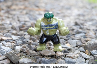 Bangkok,Thailand-Circa FEB 2019: The Green Hulk, Character In Movie Of Marvel Stand In The Stone Ground