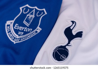 BANGKOK,THAILAND-DECEMBER 23:  The Logo Of  Everton And Tottenham Hotspur On The  Jerseys On December 23,2018. Both Of Them Will Face Each Other On EPL Tonight