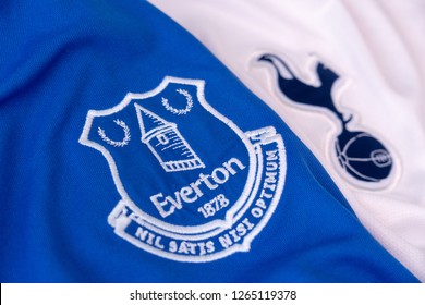 BANGKOK,THAILAND-DECEMBER 23:  The Logo Of  Everton And Tottenham Hotspur On The  Jerseys On December 23,2018. Both Of Them Will Face Each Other On EPL Tonight