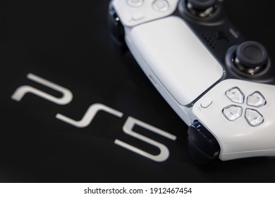 BANGKOK,THAILAND-FEBRUARY 6 ,View of the New Playstation 5 DuelSense Wireless Controller with PS5 Logo on February 6,2021