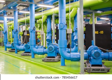 Bangkok,Thailand-January 3,2018: The Water Pump System Of Chiller Room In Building.
