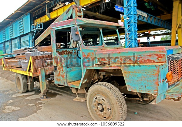 BANGKOK-THAILAND-JULY 13 : The old\
transportation truck at steel factory, July 13, 2016 Bangkok,\
Thailand