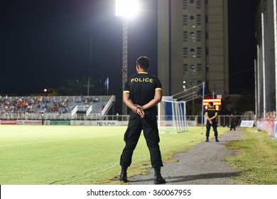 BANGKOK,THAILAND-JUN 28 : Security Police In Action During The Competition 2015 Thai Premier League Between TOT SC Vs Suphanburi Fc At Tot Stadium On June 28,2015