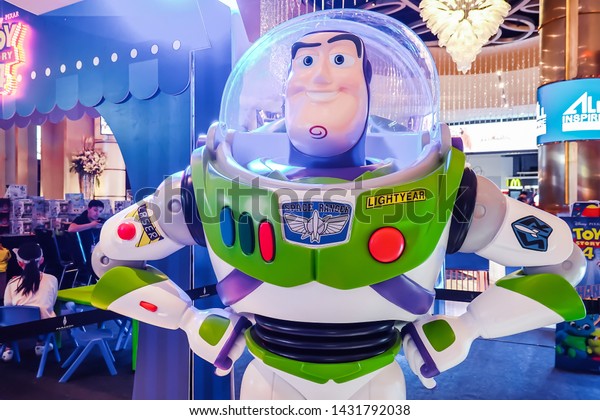 BANGKOK,THAILAND-June 22,2019: Model Buzz Lightyear robot toy character form Toy Story animation film at the cinema. Buzz is a toy space ranger hero and one of the two lead characters in the Toy Story