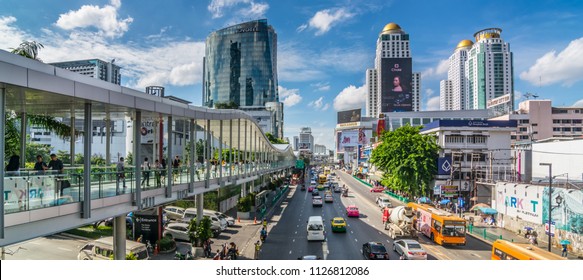 Bangkok,Thailand-March 10,2018:City scape, Traffic & BTS sky walk, central world, Siam station, Shopping center, office building, condominiums, hotels in business & finance, Ratchaprasong rd. junction