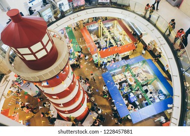 BANGKOK,THAILAND-November 2018- Top View People And Tourist Walking, Eating, Buying Food At Indoor Street Food Market Festival (Terminal 21). Market Stalls. Food Event. Food Fair. Festival. Shopping. 