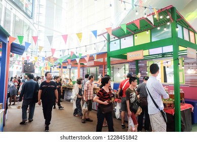 BANGKOK,THAILAND-November 2018-People And Tourist Walking, Eating, Buying Food At Indoor Street Food Market Festival (Terminal 21). Market Stalls. Food Event. Food Fair. Festival. Concert. Shopping 