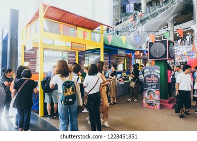 BANGKOK,THAILAND-November 2018-People And Tourist Walking, Eating, Buying Food At Indoor Street Food Market Festival (Terminal 21). Market Stalls. Food Event. Food Fair. Festival. Concert. Shopping 