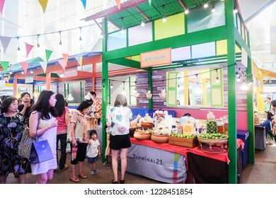 BANGKOK,THAILAND-November 2018-People And Tourist Walking, Eating, Buying Food At Indoor Street Food Market Festival (Terminal 21). Market Stalls. Food Event. Food Fair. Festival. Concert. Shopping 