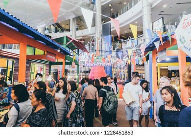 BANGKOK,THAILAND-November 2018-People And Tourist Walking, Eating, Buying Food At Indoor Street Food Market Festival (Terminal 21). Market Stalls. Food Event. Food Fair. Festival. Concert. Shopping 