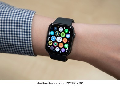 BANGKOK,THAILAND-NOVEMBER 7: Scene Of  The New Apple Watch 4 On A Man Arm On Iphone On November 7,2018