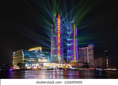 Bangkok,Thailand-November 9,2018: The spectacular lighting show in Iconsiam grand opening festivities,A new global landmark on chao phraya river,Iconsiam newest shopping mall in Bangkok