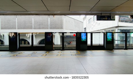 Bangkok,Thailand-October 17 2020:Passenger In And Out From BTS Train No People