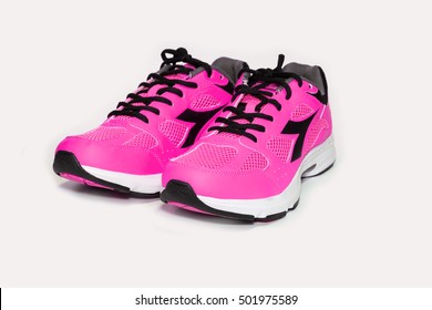 BANGKOK,THAILAND-October 2 ,2016:Diadora new pink ultra boots shoes for running-illustrative editorial