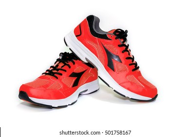 BANGKOK,THAILAND-October 2 ,2016:Diadora new red ultra boots shoes for running-illustrative editorial