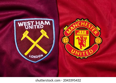 BANGKOK,THAILAND-SEPTEMBER 18: View Of West Ham United And Manchester United Crest On Football Jersey For EPL On September 18,2021