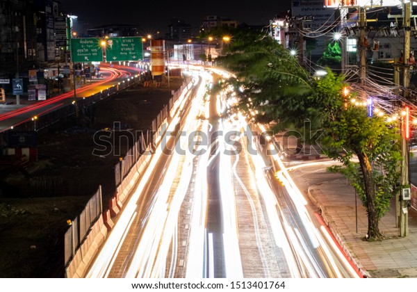 Bangkok/Thailand-September 19 2019:Vehicle lamp
light show Traffic on
road