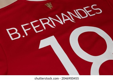 BANGKOK,THAILAND-SEPTEMBER 24: View Of Bruno Fernandes Name On Manchester United Home Jersey On September 24,2021
