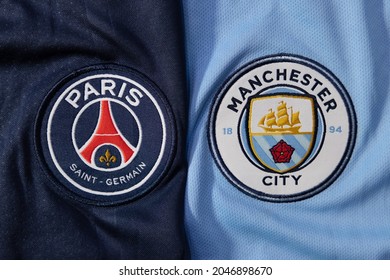 BANGKOK,THAILAND-SEPTEMBER 24: View of PSG Paris Saint Germain Against Manchester City Football Logo on Home Jersey on September 24,2021