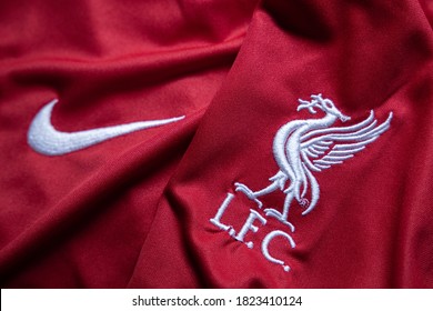 BANGKOK,THAILAND-SEPTEMBER 28: Logo of  Liverpool Football Club on the Jersey on September 28,2020.