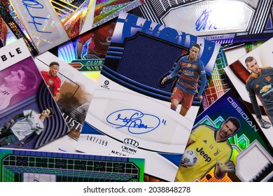 BANGKOK-THAILAND-SEPTEMBER 8: View Of Panini Soccer Card With Match-Worn Football Garment And Autograph On September 8,2021