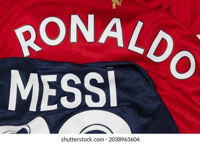 BANGKOK,THAILAND-SEPTEMBER 9: Cristiano Ronaldo And Messi Name On Manchester United And Paris Saint Germain Jersey On September 9,2021