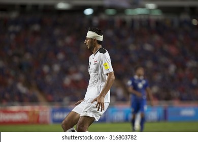 BANGKOK,THAILAND:September;2015:Salam Shakir Of IRAQ Injuries To Head InThe 2018 FIFA World Cup/AFC Asian Cup Between THAILAND And IRAQ  At Rajamangala Stadium On September,08,2015inTHAILAND.
