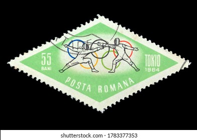 Bangladesh - 20th July, 2020: A Postage Stamp Of Romania Dedicating Olympic Games 1964 Tokio, Fencing Two Man, Circa 1964