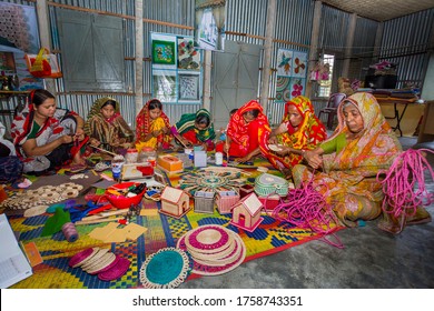 Bangladesh – May 14, 2018: Craft village where craftswomen are making home and office used showpiece on pineapple leaf fibers and banana fiber at Tangail, Bangladesh.